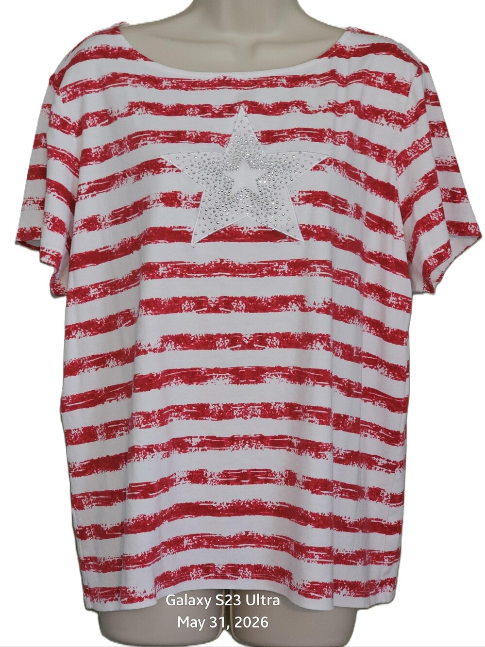 Women's 2X Patriotic Top Red & White Stripes Star Karen Scott Woman Short Sleeve